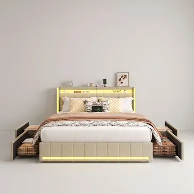 Lit Coffre 140x190 Cm, Lit Double Avec USB Et Type-c, Lumière LED, Lit Avec 4 Tiroirs, Lin, Beige