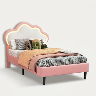 Lit Enfant 90 X 200 Cm, Lit Rembourré Pour Fille, Tête De Lit, Lit Simple Avec LED, Pu, Rose