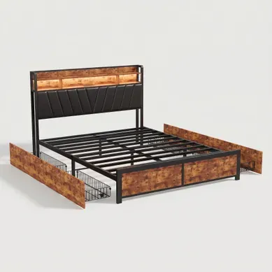 Lit Double 160x200 Cm Avec LED, Lit Plateforme Avec Tiroirs, Type C , Lit Capitonné, Marron Lit Double 160x200 Cm Avec LED, Lit Plateforme Avec Tiroirs, Type C , Lit Capitonné, Marron