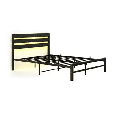 Lit Double 140x200 Cm, Cadre De Lit En Métal Avec LED, Ports USB, Rangement Sous Lit, Noir