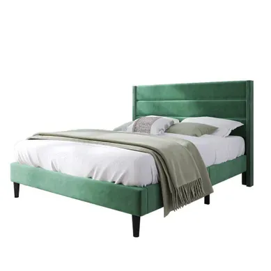 Lit Adulte 140x200 Cm, En Lin, Tête Rembourrée, Sommier Inclus, Vert