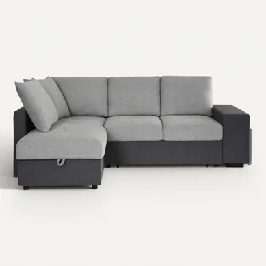 Canapé d'angle convertible gauche EVERY tissu gris foncé et gris clair vue de face