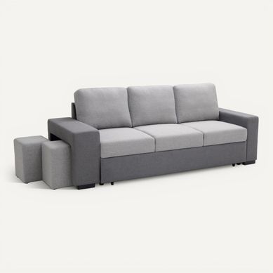 Canapé convertible 3 places + poufs BANCO tissu gris clair / gris foncé vue 3/4
