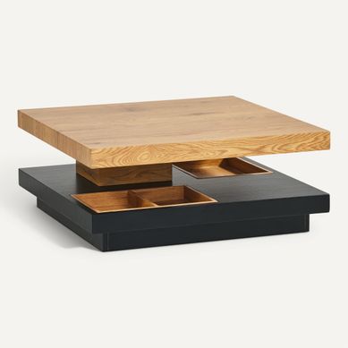Table basse plateau pivotant TURN Imitation chêne et noir vue 3/4
