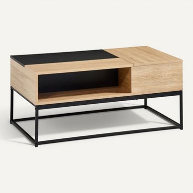 Table basse plateau relevable VINCENTE Imitation chêne / noir vue 3/4