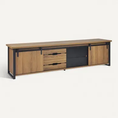 Meuble TV L.190 cm CAISSE imitation chêne et noir vue 3/4