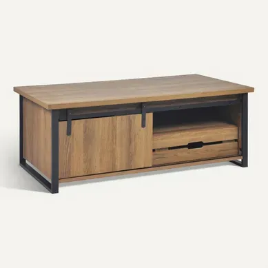 Table basse avec rangements CAISSE imitation chêne et noir vue 3/4