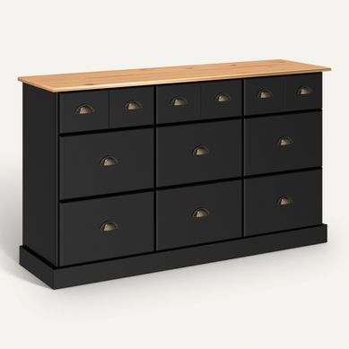 Range-tout 9 tiroirs STANFORD noir et pin vue 3/4