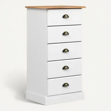 Chiffonier 5 tiroirs STANFORD blanc et pin Chiffonier 5 tiroirs STANFORD blanc et pin vue 3/4