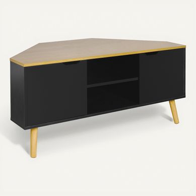 Meuble TV D'angle CORNY imitaion chêne et noir vue 3/4