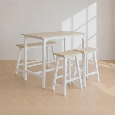 Table de bar avec banc + 2 tabourets CLAIRE imitation chêne/ blanc