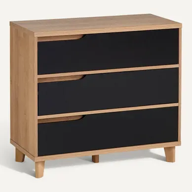 Commode 3 tiroirs Nordic imitation chêne et noir Commode 3 tiroirs Nordic imitation chêne et noir vue 3/4