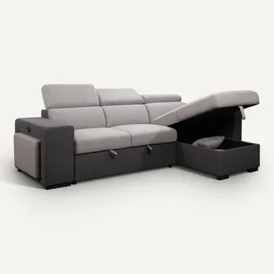 Canapé d'angle convertible droit RICKY tissu gris foncé et gris clair Canapé d'angle convertible droit RICKY tissu gris foncé et gris clair vue 3/4