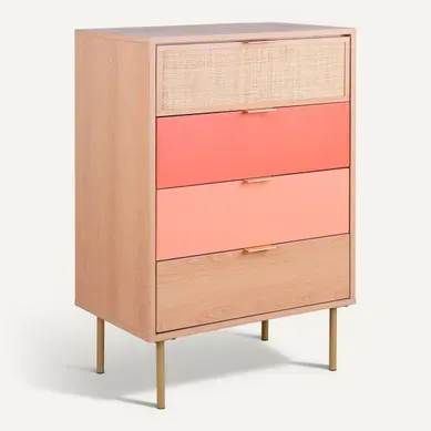 Commode 4 tiroirs ROSY imitation chêne et rose ROSY CHIFF 4T CH/RS vue 3/4