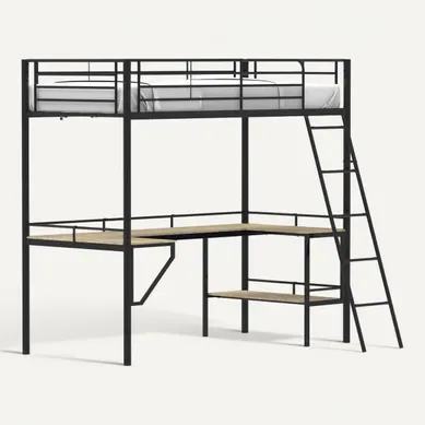 Lit mezzanine 90x190 cm MARGA avec grand bureau d'angle imitation et métal noir Lit mezzanine 90x190 cm MARGA avec grand bureau d'angle imitation et métal noir vue 3/4