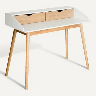 Bureau 2 tiroirs CLEO blanc et hévéa Bureau 2 tiroirs CLEO blanc et hévéa vue 3/4