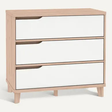 Commode 3 tiroirs Nordic imitation chêne et blanc vue 3/4