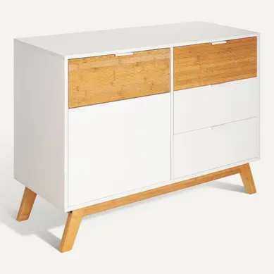 Rangement 1 porte 3 tiroirs ONDINE blanc/bambou Rangement 1 porte 3 tiroirs ONDINE blanc/bambou vue 3/4