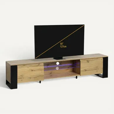 Meuble TV LED L200cm MARIELLE Imitation chêne et noir vue 3/4