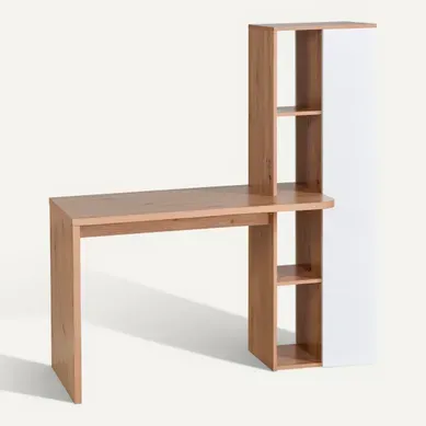 Bureau avec bibliothèque NOAH imitation chêne et blanc vue 3/4