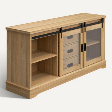 Buffet 2 portes 3 tiroirs 150 cm RUDI imitation chêne et noir Buffet 2 portes 3 tiroirs 150 cm RUDI imitation chêne et noir vue 3/4