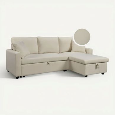 Canapé d'angle convertible méridienne réversible TYRA tissu beige vue 3/4