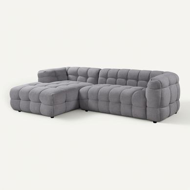 Canapé d'angle gauche BULLE tissu bouclette gris vue 3/4