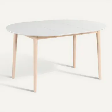 Table ronde + 2 extensions L.100 à 180 cm MALENA scandinave Bois et blanc Table ronde + 2 extensions L.100 à 180 cm MALENA scandinave Bois et blanc vue 3/4