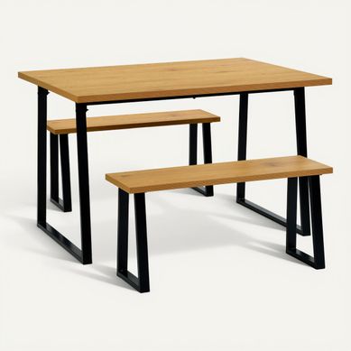 Ensemble table + 2 bancs DANNY imitation chêne et noir Ensemble table + 2 bancs DANNY imitation chêne et noir vue 3/4