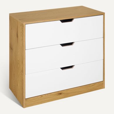 Commode 3 tiroirs SAMUEL imitation chêne et blanc vue 3/4