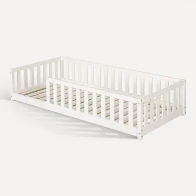Lit au sol avec barrière 90x190 cm en pin massif avec sommier ELLIA blanc vue 3/4