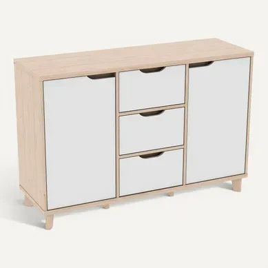 Rangement 2 portes 3 tiroirs NORDIC Blanc et imitation chêne Rangement 2 portes 3 tiroirs NORDIC Blanc et imitation chêne vue 3/4