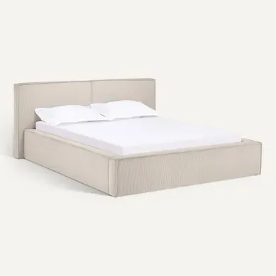 Lit coffre 140x190 cm velours côtelé beige EZRA Lit coffre 140x190 cm velours côtelé beige EZRA vue 3/4