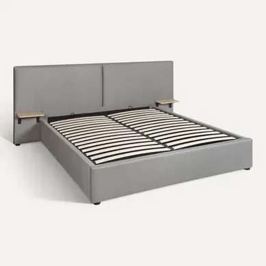 Lit coffre 140x190 cm avec chevets REMY tissu gris Lit coffre 140x190 cm avec chevets REMY tissu gris vue 3/4