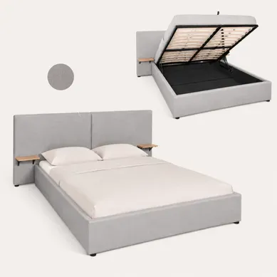 Lit coffre 160x200 cm avec chevets REMY tissu gris Lit coffre 160x200 cm avec chevets REMY tissu gris vue 3/4
