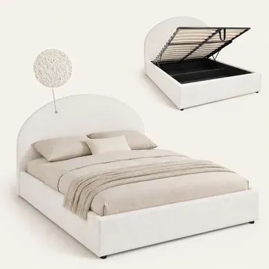 Lit coffre 140x190 cm ENORA tissu bouclette blanc vue 3/4