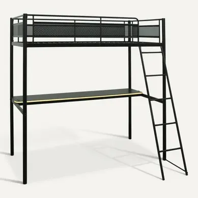 Lit mezzanine 90x190 cm avec bureau LED ORIO métal noir Lit mezzanine 90x190 cm avec bureau LED ORIO métal noir vue 3/4