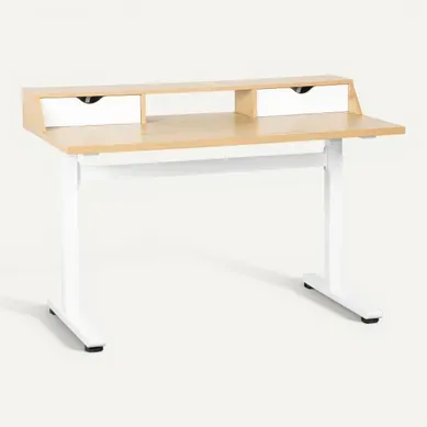 Bureau assis-debout relevable manuellement + tiroirs AARON imitation chêne et blanc Bureau assis-debout relevable manuellement + tiroirs AARON imitation chêne et blanc vue 3/4