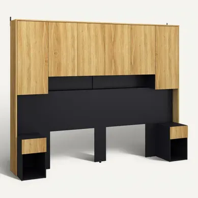 Tête de lit avec rangements 140/160 cm OLIVIA imitation chêne et noir vue 3/4