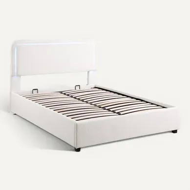Lit coffre 160x200 cm avec LED SALOME tissu bouclette blanche vue 3/4