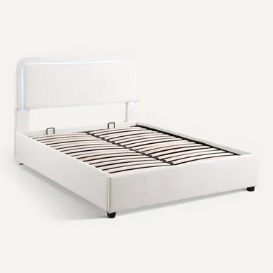 Lit coffre 140x190 cm avec LED SALOME tissu bouclette blanche vue 3/4