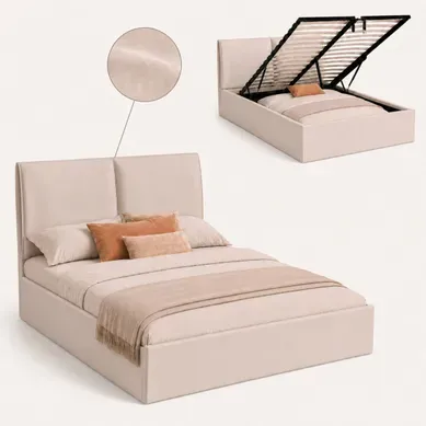Lit coffre 140x190 cm COSY effet coussin tissu velours beige Lit coffre 140x190 cm COSY effet coussin tissu velours beige vue 3/4