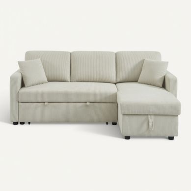 Canapé d'angle convertible méridienne réversible KIM en velours côtelé beige vue de face