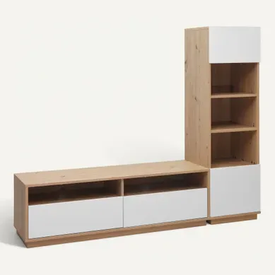 Meuble TV L.185 cm BASILLE Blanc et Imitation chêne vue 3/4