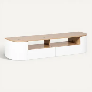 Meuble TV suspendu RONDY 140cm imitation chêne et blanc vue 3/4