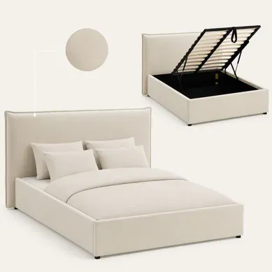 Lit coffre 160x200 cm CELINE tissu velours beige vue 3/4