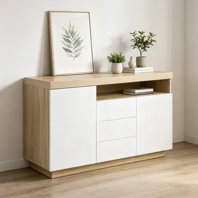Buffet LED 140cm imitation CALIXTE chêne et blanc brillant Buffet LED 140cm imitation CALIXTE chêne et blanc brillant vue d'ambiance 1