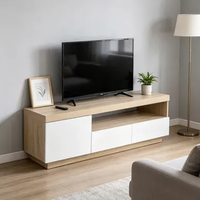Meuble TV LED 150 cm imitation CALIXTE chêne et blanc brillant Meuble TV LED 150 cm imitation CALIXTE chêne et blanc brillant vue d'ambiance 1