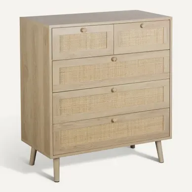 Commode 5 tiroirs L.80 cm BEA Imitation chêne et rotin Commode 5 tiroirs L.80 cm BEA Imitation chêne et rotin vue 3/4