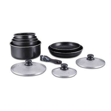 Batterie De Cuisine Revêtement Pierre Avec Manche Amovible 10 Pieces Noir  Hg5000-bk